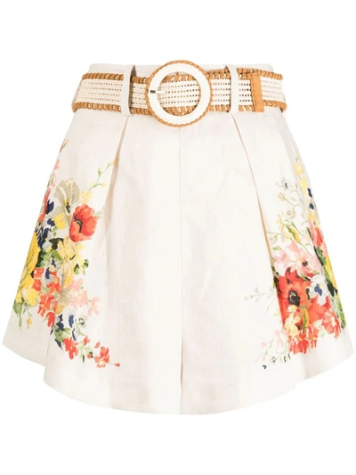 Shop Zimmermann Alight Linen Shorts With Floral Print In Nude & Neutrals