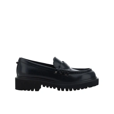 Shop Valentino Leather Rockstud Loafers In Black