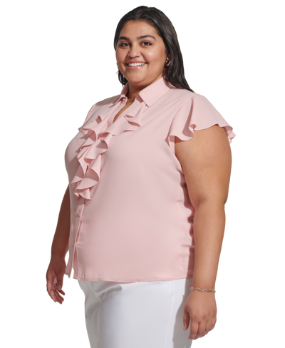 Shop Calvin Klein Plus Size Ruffle-front Cap-sleeve Top In Silver Pink