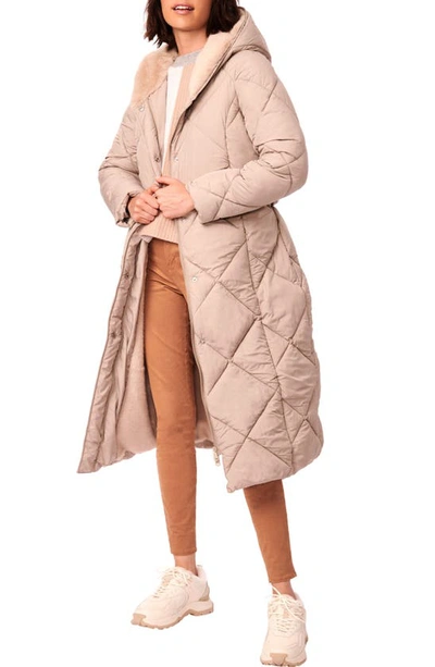 Shop Bernardo Quilted Tie Waist Recycled Polyester Longline Puffer Jacket In Soft Taupe