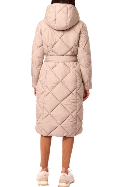 Shop Bernardo Quilted Tie Waist Recycled Polyester Longline Puffer Jacket In Soft Taupe