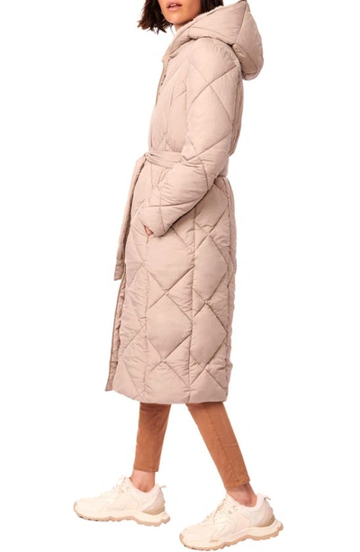 Shop Bernardo Quilted Tie Waist Recycled Polyester Longline Puffer Jacket In Soft Taupe