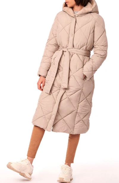 Shop Bernardo Quilted Tie Waist Recycled Polyester Longline Puffer Jacket In Soft Taupe