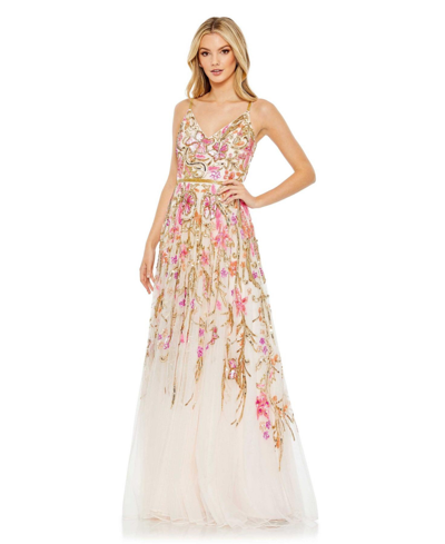 Shop Mac Duggal Women's V Neck Floral Embellished Spaghetti Strap Gown In Oyster Multi
