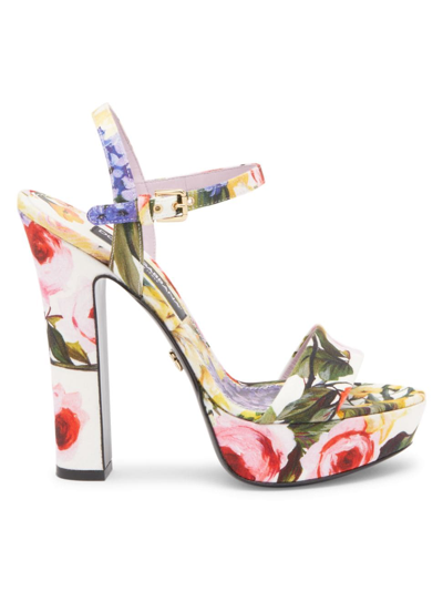 Shop Dolce & Gabbana Women's Floral Cotton Platform Sandals In Neutral