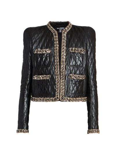 Shop Balmain Women's Quilted Leather Chain Jacket In Black Gold