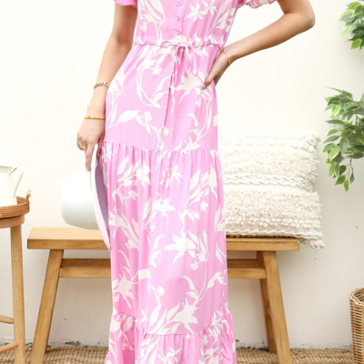Shop Anna-kaci V Neck Tropical Print Maxi Dress In Pink