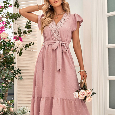 Shop Anna-kaci Surplice Neck Flutter Sleeve Solid Dress In Pink