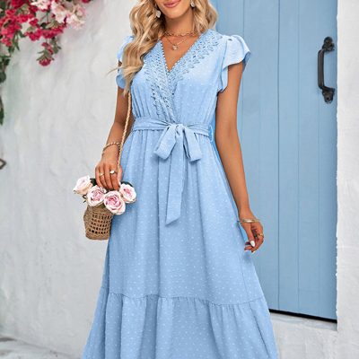 Shop Anna-kaci Surplice Neck Flutter Sleeve Solid Dress In Blue