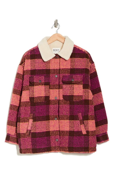 Shop Roxy Passage Of Time Plaid Shacket With Faux Shearling Collar In Bitter Chocolate Multi