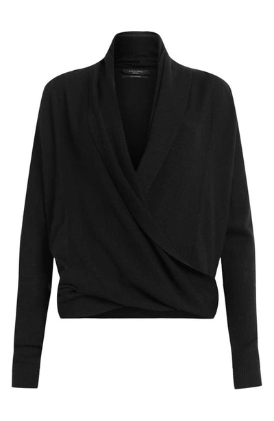 Allsaints Pirate Wrap-over Recycled Cashmere-blend Cardigan In Black