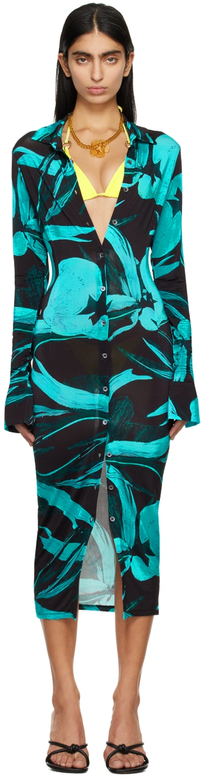 Shop Louisa Ballou Black & Blue Printed Midi Dress In 5042 Turquoise Flowe