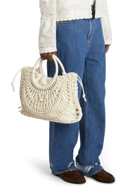 Shop Valentino Macramé Lambskin Leather Tote In Ivory