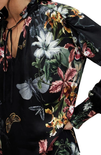 Shop Allsaints Mara Sanibel Floral Print Tie Neck Top In Black