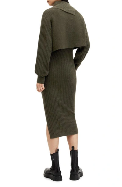 Shop Allsaints Margetta Long Sleeve Two-piece Wool Blend Rib Sweater & Dress In Khaki Green