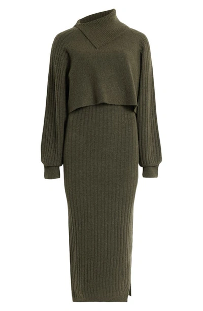 Shop Allsaints Margetta Long Sleeve Two-piece Wool Blend Rib Sweater & Dress In Khaki Green