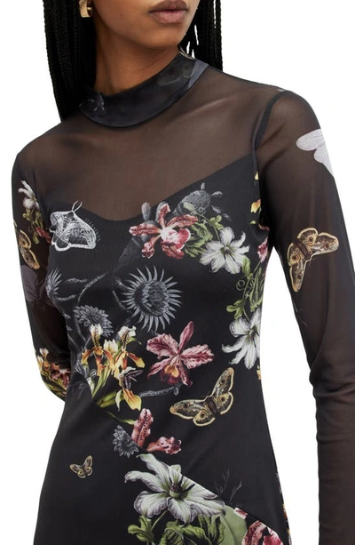 Shop Allsaints Hanna Sanibel Floral Print Long Sleeve Mesh Maxi Dress In Black