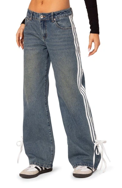 Shop Edikted Mattie Side Stripe Bow Low Rise Wide Leg Jeans In Blue-washed