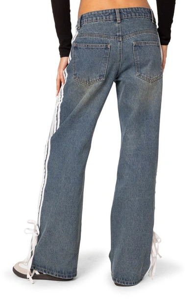 Shop Edikted Mattie Side Stripe Bow Low Rise Wide Leg Jeans In Blue-washed