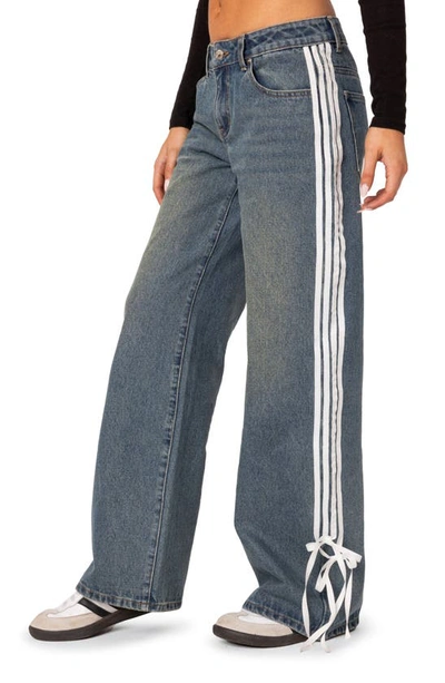 Edikted Mattie Side Stripe Bow Low Rise Wide Leg Jeans In Blue-washed