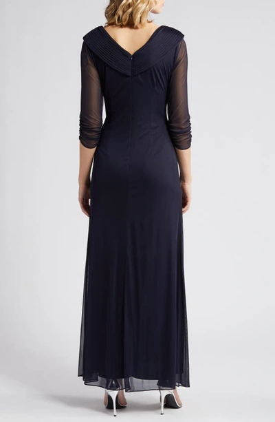 Shop Alex Evenings Pleated Portrait Collar Chiffon Gown In Navy