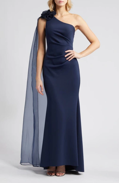 Eliza J One Shoulder Jersey Gown With Scarf Detail In Navy