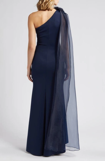 Eliza J One Shoulder Jersey Gown With Scarf Detail In Navy