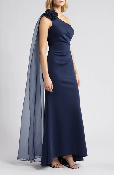 Eliza J One Shoulder Jersey Gown With Scarf Detail In Navy