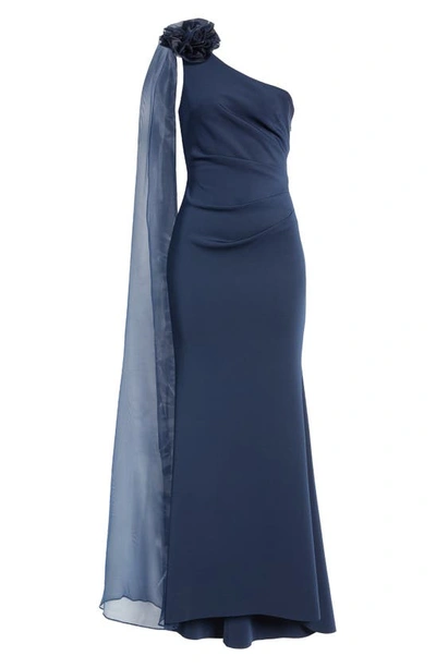 Eliza J One Shoulder Jersey Gown With Scarf Detail In Navy