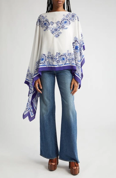 Shop Etro Placed Floral Print Silk Poncho In Print On White Base