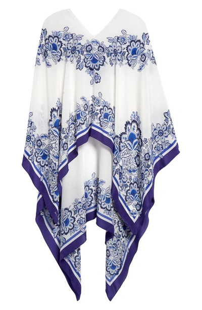 Shop Etro Placed Floral Print Silk Poncho In Print On White Base
