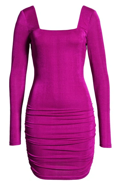 Shop Bebe Ruched Long Sleeve Backless Minidress In Fuchsia