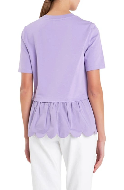 English Factory Mixed Media Scallop Peplum Cotton Top In Purple