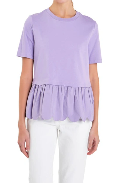 English Factory Mixed Media Scallop Peplum Cotton Top In Purple