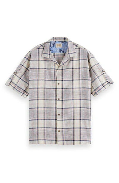 Shop Scotch & Soda Short Sleeve Organic Cotton & Linen Button-up Camp Shirt In 6039-white/blue Stripe