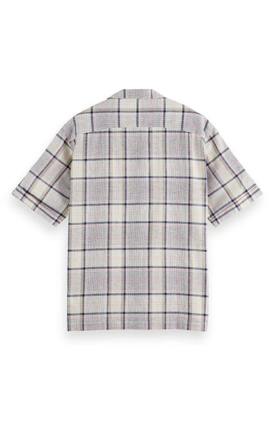 Shop Scotch & Soda Short Sleeve Organic Cotton & Linen Button-up Camp Shirt In 6039-white/blue Stripe