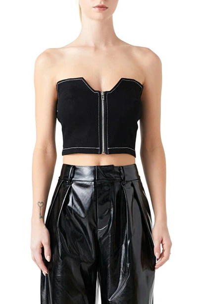 Shop Grey Lab Zip Front Strapless Denim Top In Jet Black