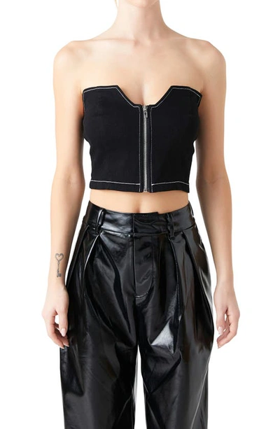 Shop Grey Lab Zip Front Strapless Denim Top In Jet Black