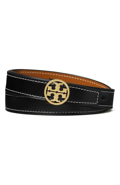 Shop Tory Burch Miller Reversible Leather Belt In Black / Whiskey / Gold