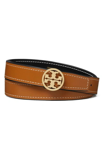 Shop Tory Burch Miller Reversible Leather Belt In Black / Whiskey / Gold