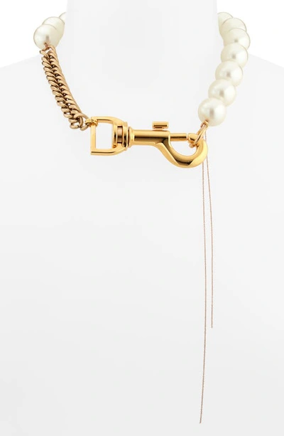 Shop Sacai Hybrid Imitation Pearl Chain Necklace In Gold