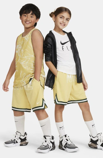 Shop Nike Kids' Dri-fit Dna Mesh Basketball Shorts In Saturn Gold/ White