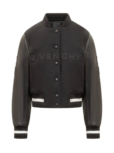Shop Givenchy Short Bomber Jacket In Wool And Leather In Black