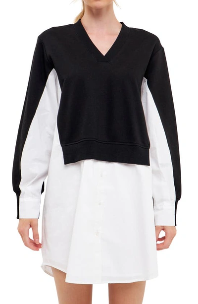 Shop English Factory V-neck Layered Sweatshirt Dress In Black