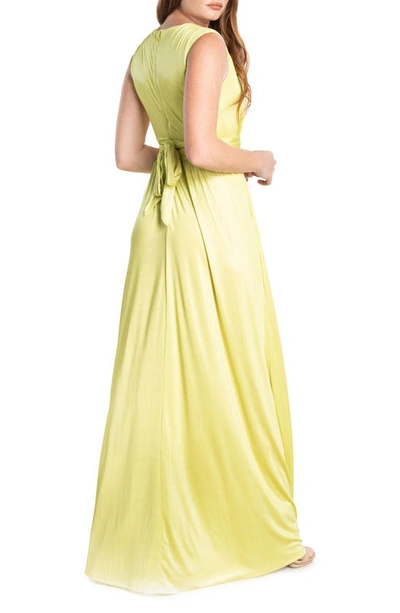 Shop Dress The Population Krista Plunge Neck Side Slit Gown In Lemongrass