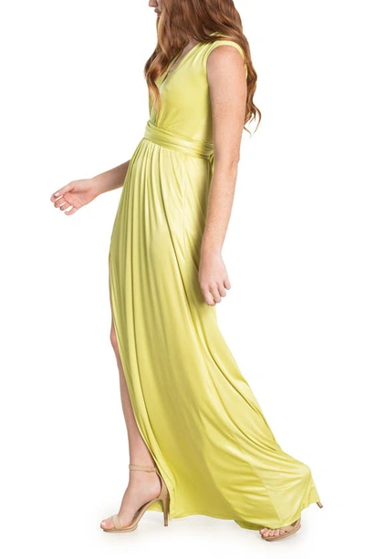 Shop Dress The Population Krista Plunge Neck Side Slit Gown In Lemongrass