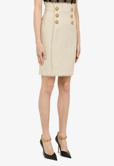 Shop Balmain Button-embellished Linen-blend Skirt In Beige