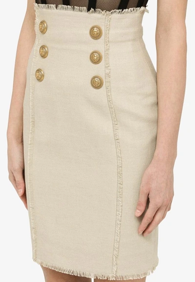 Shop Balmain Button-embellished Linen-blend Skirt In Beige