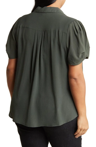 Shop Adrianna Papell Gathered Short Sleeve Button-up Shirt In Dusty Olive