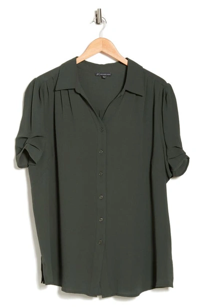 Shop Adrianna Papell Gathered Short Sleeve Button-up Shirt In Dusty Olive